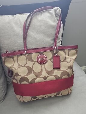 Coach Khaki Signature Canvas Tote with Red Trim